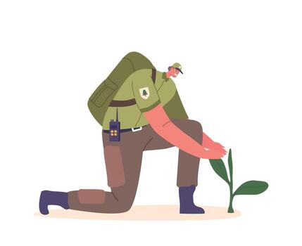 Forester Ranger Character Cares For Trees By Managing Forest Ecosystems, Monitoring Growth, Promoting Health vector