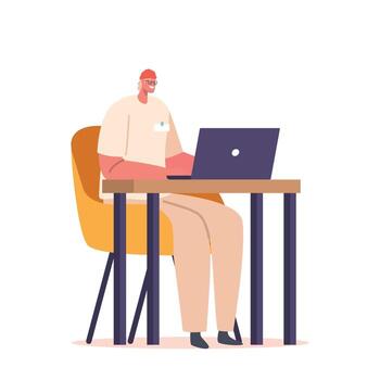 Designer Male Character Creates Artwork On Laptop Using Software Tools, Creativity And Technical Skills To Design vector