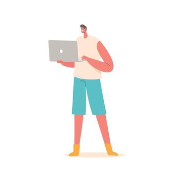 Young Smiling Man Standing With Laptop in Hands, Engrossed In Work, Diligently Tapping Away At The Keyboard vector