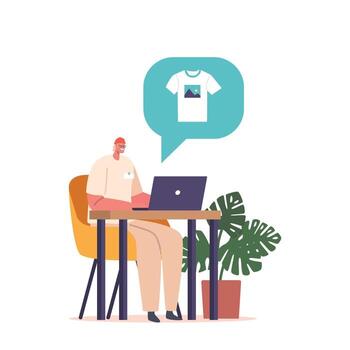 Designer Male Character Creates Unique T-shirt Print Using Laptop And Design Software. Sketching, Selecting Colors vector