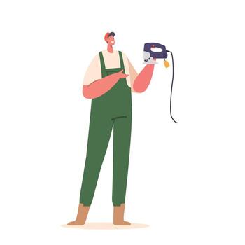 Man in Worker Overalls Stands with Grinder Tool in Hands, Carefully Examining Before Making A Decision To Purchase vector