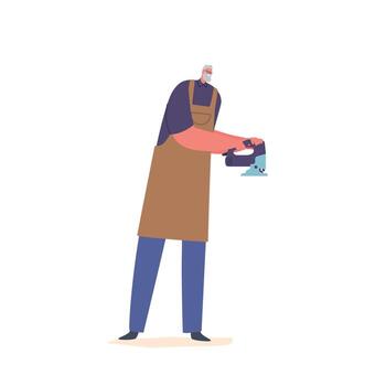 experto carpintero utilizando un amoladora herramienta para preciso formación y suavizado de madera. esencial para carpintería proyectos vector