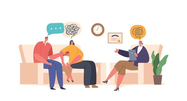 Parents And Child Characters Discuss Emotions And Behavior With A Psychologist. They Work On Communication vector