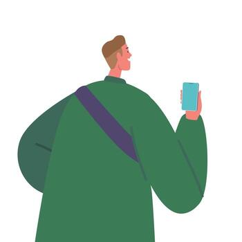 Male Character with Smartphone Rear View. Journalist Shooting on Mobile Camera, Interviewing, Visiting Press Conference vector