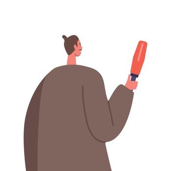 Male Character with Microphone Rear View. Journalist Interviewing, Visiting Press Conference or Briefing vector