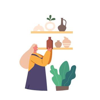 Woman Arranging Handmade Pottery On A Shelf, Showcasing Her Artistic Talent And Adding A Touch Of Craftsmanship vector