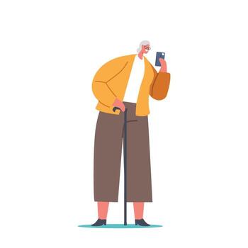 antiguo mujer utilizar móvil teléfono para haciendo pago, chateando y mensajería en línea. mayor dama comunicar en redes vector