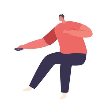 Male Character Controls Tv With Remote. Man Browses Channels, Adjusts Volume, And Searches For Content vector