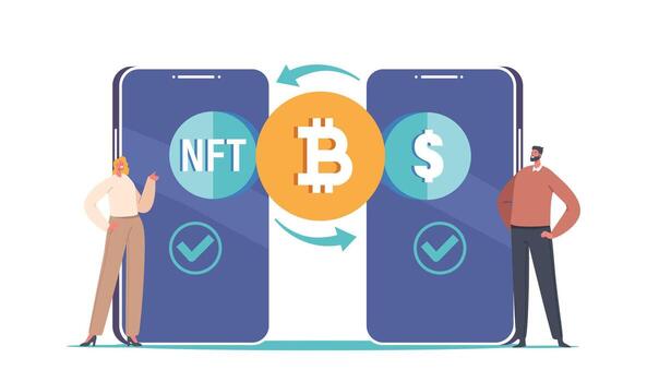 Users Exchanging Assets And Cryptocurrency Via Smart Contract Execution On Blockchain. Characters At Huge Smartphones vector