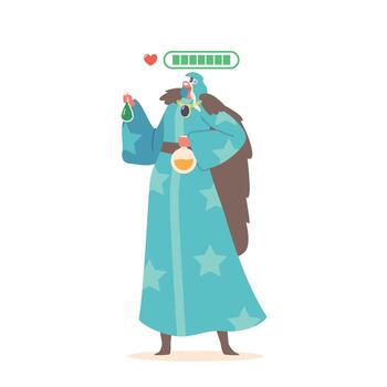 Wizard In Virtual Reality Glasses Holding Potion Flasks During Mmorpg. Fantasy Massively Multiplayer Role-playing Game vector