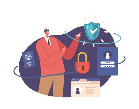 Man in Vr Goggles Use AR Dashboard. Character Work with Data in Cyberspace. Digital Services and Cyber Safety Concept vector