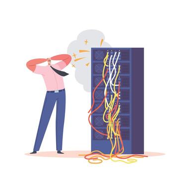 System Administrator or Sysadmin Character Servicing Server Racks with Short Circuit. Administration, Upkeeping Networks vector