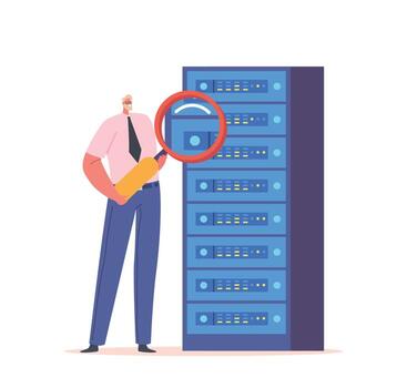 sistema administrador trabajando con servidor estante armarios y computadora centro de datos. administrador de sistemas masculino personaje con lupa vector