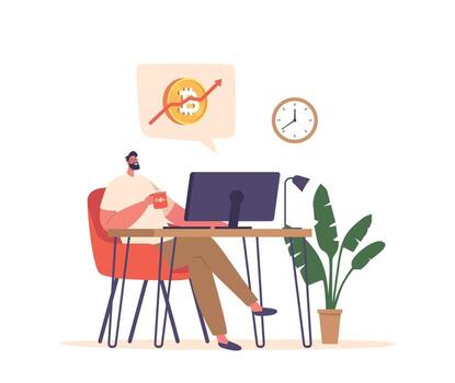 Engrossed At His Desk, Man Character Sips Coffee While Monitoring A Computer Screen Displaying A Rising Cryptocurrency vector