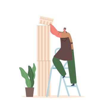 Sculptor Male Character Set Up Marble Block Into Whole Pillar Standing On Ladder. Man Create Stone Column vector
