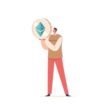 Man Character Confidently Holds Ethereum, A Popular Cryptocurrency, Symbolizing His Involvement In The Financial World vector