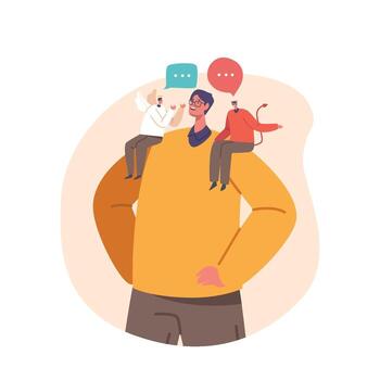 Internal Struggle Concept With A Man Stands With An Angel And Demon On His Shoulders, Torn Between Good And Evil vector