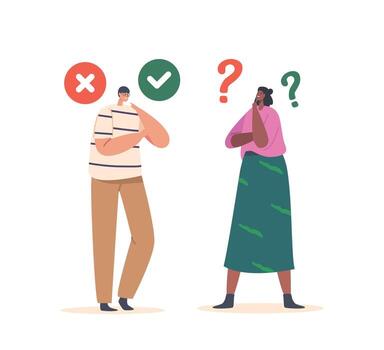 Characters Deliberating Between Yes Or No, Contemplating Options, Assessing Pros And Cons And Ultimately Making A Choice vector