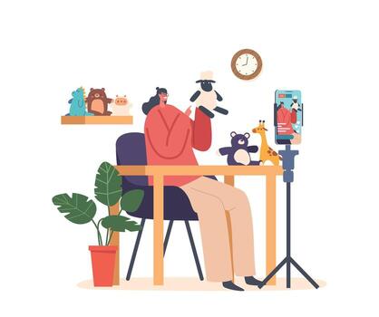 Streamer Perform Handmade Toys Sitting at Table with Smartphone on Holder, Recording Tutorials and Master Classes vector