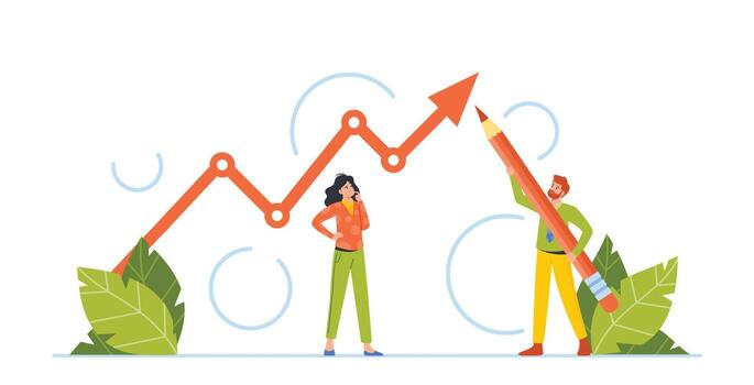 Investment, Benchmarking and Trade Market Analytics. Tiny Business Characters with Huge Pencil Analyzing Arrow Charts vector