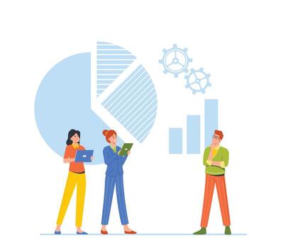 Business Characters with Tablets Analyzing Column and Pie Charts Comparing Company Development Benchmarks vector