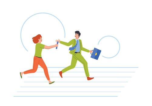 Business Characters In Action Running Relay Race, Passing On The Baton. Concept of Competition, Teamwork Collaboration vector