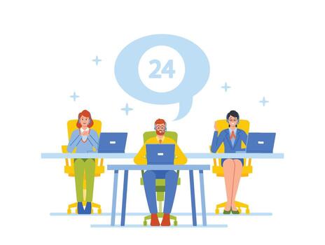 Smiling Friendly Male and Female Call Center Agents or Operators with Headset Working on Support Hotline in Office vector