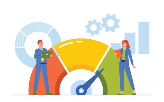 Tiny Business Characters With Tablets Analyzing Huge Rate Scale Charts Comparing Company Development Benchmarks vector