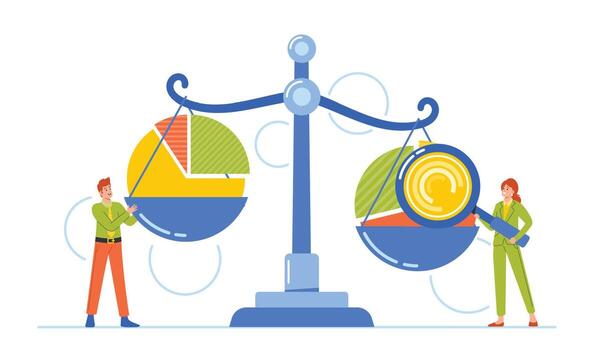 Investment, Benchmarking And Trade Market Analytics. Tiny Business Characters With Huge Magnifier Analyzing Charts vector