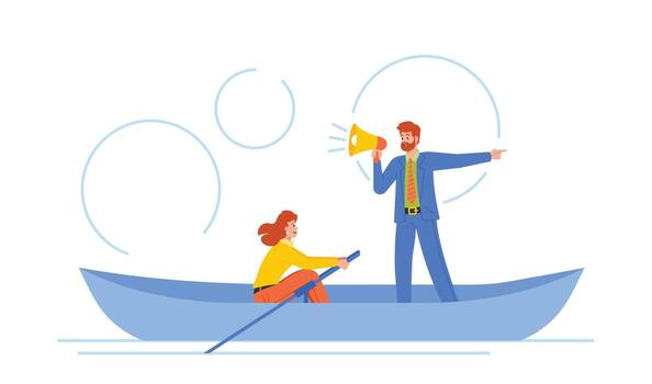 Progress, Movement And Advancement Concept. Woman Rowing Steadily Towards A Clear Destination With Guidance Of Leader vector