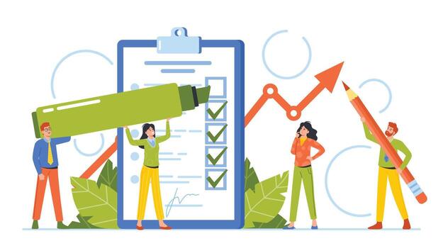 Benchmarking, Multi Criteria Analysis, Business Development And Improvement Concept. Tiny Male And Female Characters vector