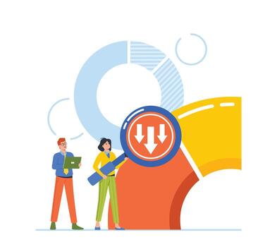 Tiny Business Characters With Huge Magnifier Testing And Analyzing Reports, Targets, Company Success At Rate Scale vector