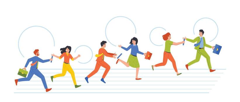 Business Characters Participate In Relay Race Passing Baton From One To Another In A Race For The Finish Line vector