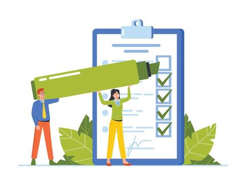 Tiny Male and Female Characters Fill Questionnaire Form with Huge Highlighter Putting Tick Marks into Boxes vector