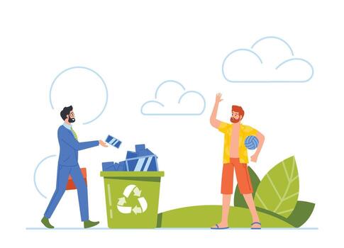 Business Man Throw Mobile Phone into Litter Bin Putting Aside Technology To Connect With The World Around vector