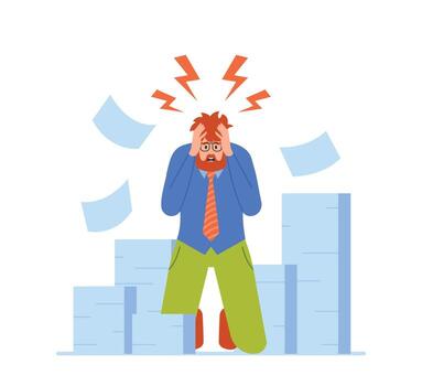 Overloaded Worker Stress and Deadline Concept. Burned Down Businessman in Depression Stand on Knees in Office with Docs vector