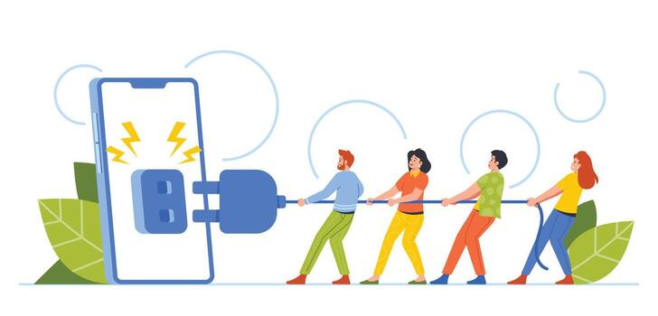 Digital Detox Concept with Tiny People Pull Plug Turning Off Giant Phone. Concept Of Disconnecting From Technology vector