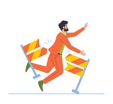 Businessman Character Tripping Over An Obstacle While Racing. Setbacks And Challenges In Business World Illustration vector
