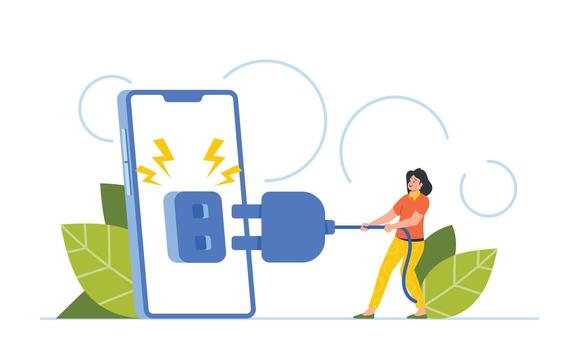 Tiny Woman Shutting Off Huge Phone Putting Aside Technology To Connect With The World Around Illustration vector