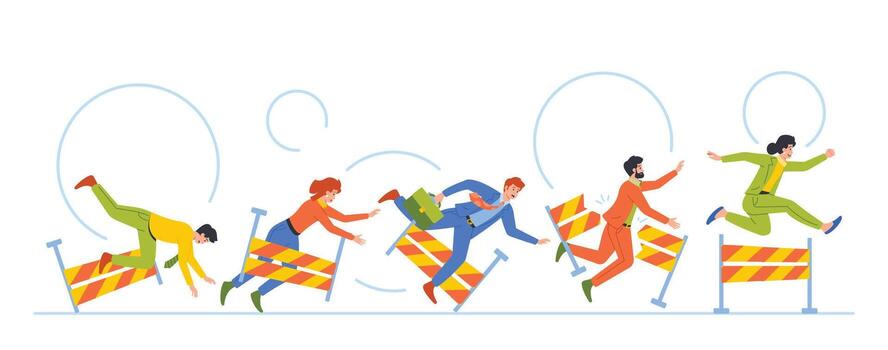 Business Characters Falling Over An Obstacles During Race Symbolizing The Hurdles And Challenges In Entrepreneurship vector