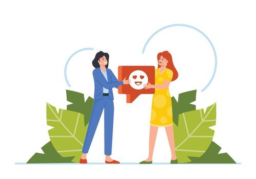 mujer caracteres reaccionar a mensaje o enviar en social red. sitio web usuario gustos. dibujos animados ilustración vector