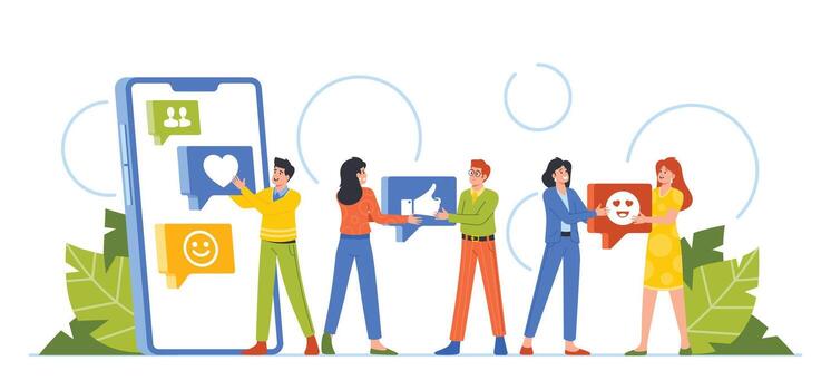 Man and Woman Characters Share Likes in Social Network. Use of Modern Communication Devices. Cartoon Illustration vector