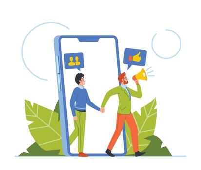 Refer A Friend Concept With Male Character Leading Customer From Huge Smartphone Screen. Referral Program, Marketing vector