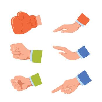 Set Of Hands Gesturing, Pointing With Index Finger, Fist And Open Palm, Boxing Glove Isolated On White Background vector
