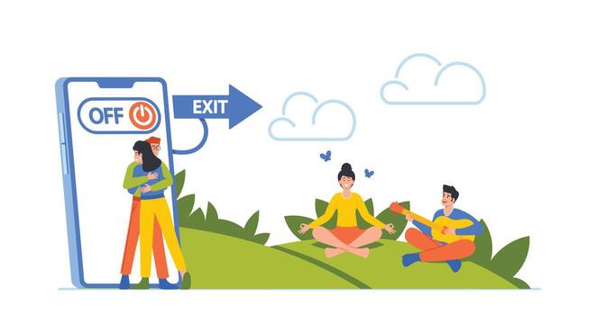 digital desintoxicación concepto. personas giro apagado Los telefonos y salida en naturaleza. caracteres desconectar desde tecnología, reunirse y abrazo vector