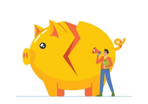 negocio hombre con altoparlante estar cerca roto cerdito banco. financiero problemas y necesitar para eficaz soluciones vector