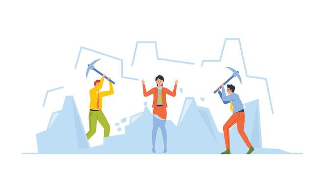Knowing Each Member And Warm Up Business Concept With Characters Breaking Ice Activity. Group Of People With Hammers vector