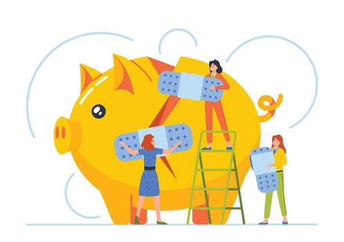 trabajo en equipo, Centrado en soluciones Acercarse concepto con negocio caracteres fijación roto cerdito banco ilustración vector