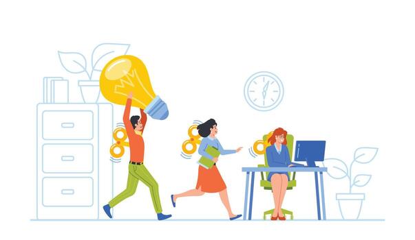 Motivated Clockwork Toy Business Employee Male And Female Characters Working In Office Using Computers vector