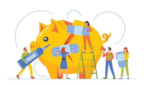 financiero problemas negocio concepto. minúsculo caracteres fijación roto cerdito banco. grupo de profesionales colaborar vector